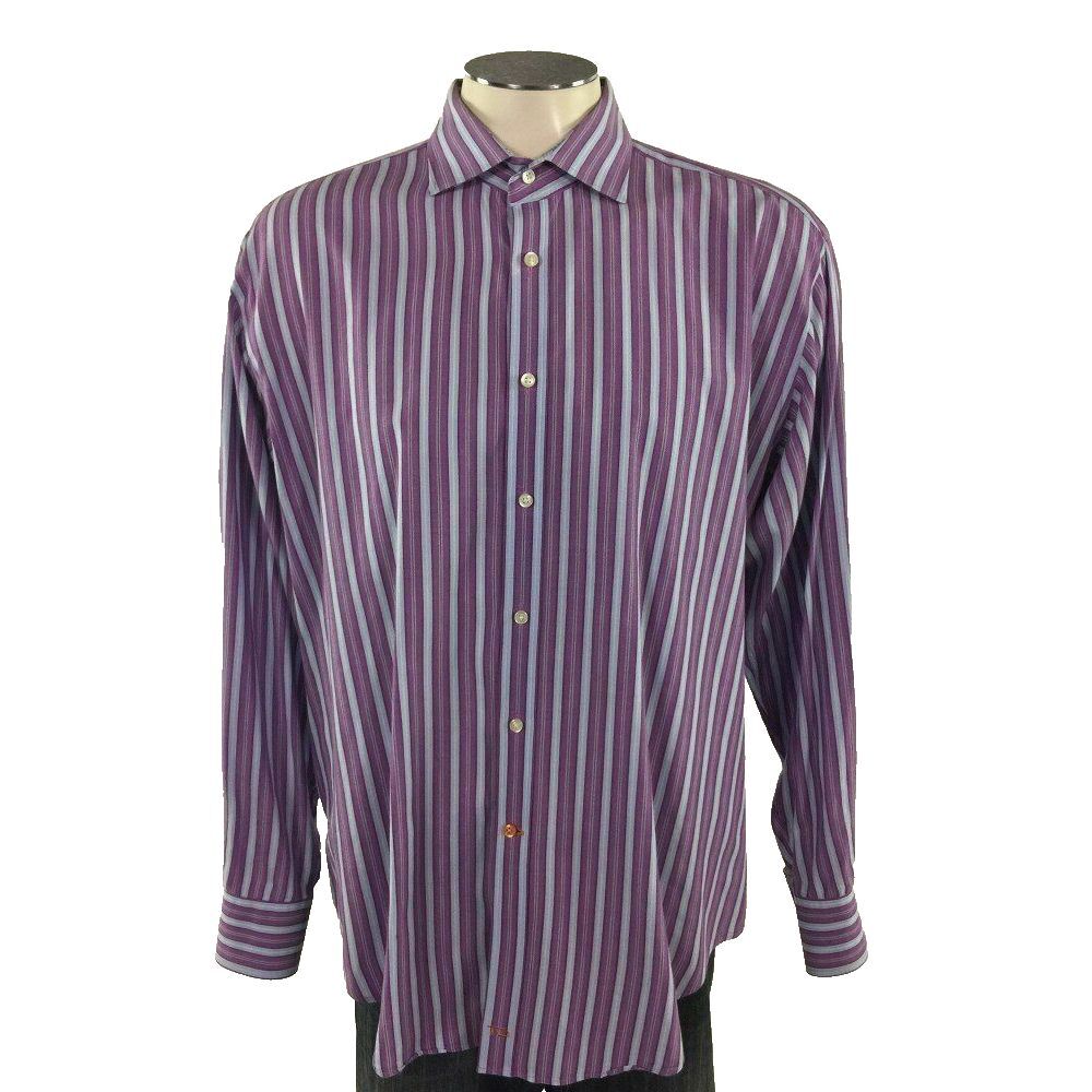 Thomas Dean Button Front Shirt XL Blue White Purple Stripe Flip Cuff Mens